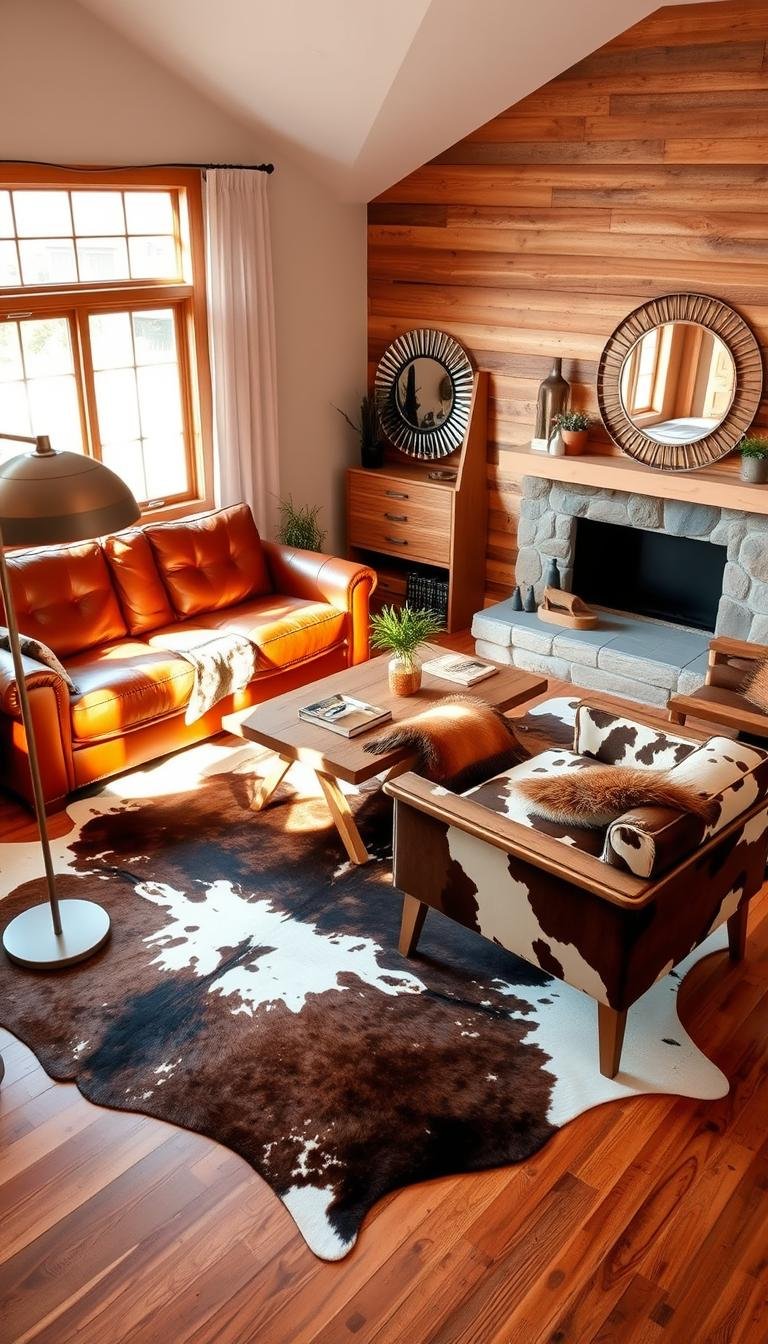 Modern Western Living Room Decor That Mixes Cowhide and Comfort