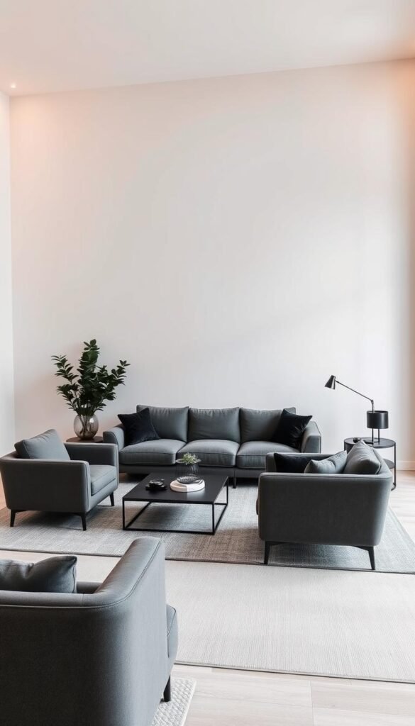 Monochrome living room with sleek, modern furniture in shades of black, white, and grey. A plush grey sofa anchors the space, complemented by a matching armchair and loveseat. A low, minimalist coffee table and side tables complete the seating area. The walls are painted in a soft, neutral tone, creating a serene and calming atmosphere. Warm, indirect lighting casts a gentle glow, illuminating the textured fabrics and surfaces. The room exudes a sense of timeless sophistication, perfect for a tranquil, contemporary living space.
