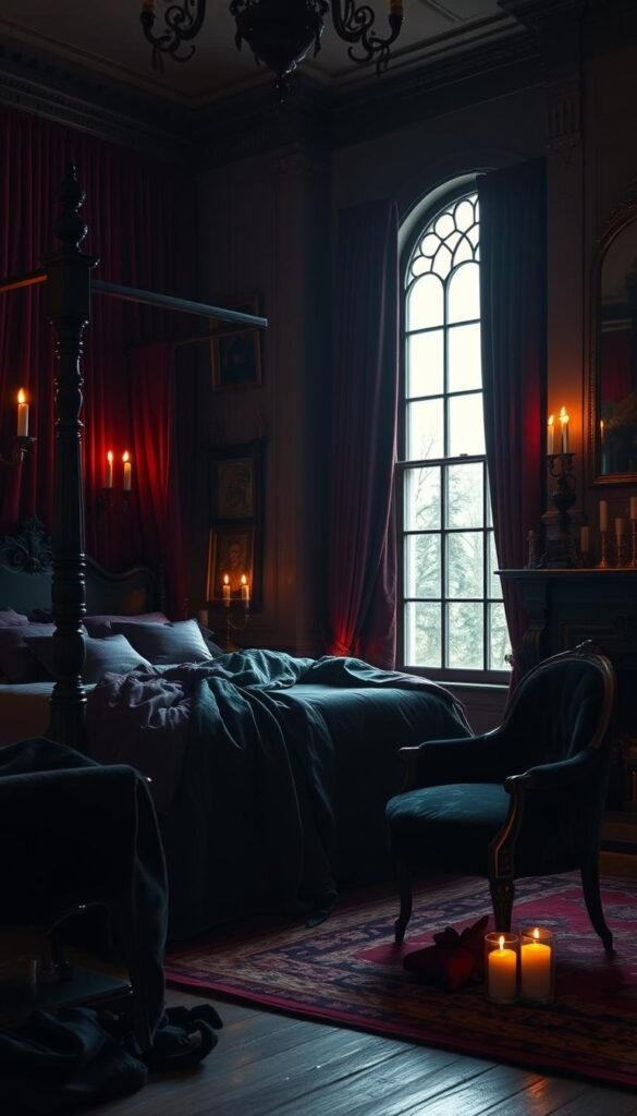 Moody Victorian bedroom with a gothic twist. Warm candlelight illuminates a rich, jewel-toned color palette. Plush velvet curtains in a deep burgundy frame a large arched window, casting soft shadows across the room. An ornate wooden four-poster bed is draped in layers of luxurious fabrics in shades of navy, emerald, and amethyst. A chaise lounge upholstered in crushed black velvet sits near the fireplace, its flickering flames creating a cozy, atmospheric glow. Antique brass accents and ornate vintage decor elements add a sense of timeless elegance. The overall mood is one of intimate, melancholic beauty.