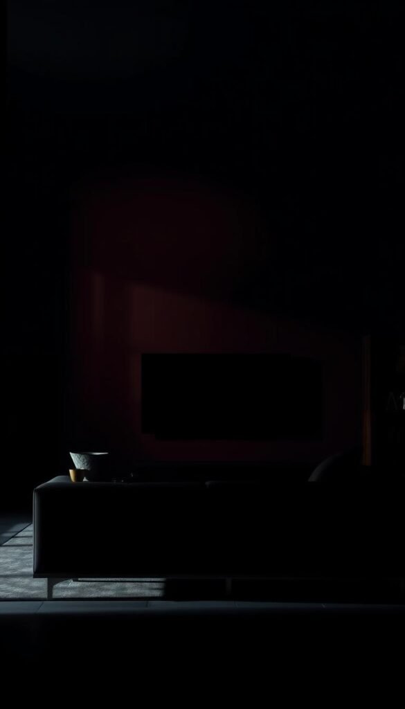 Moody color palette with deep, saturated tones creating a dramatic, sophisticated atmosphere. Warm amber, rich burgundy, and inky midnight blue hues layered across a minimalist living room scene. Soft, muted lighting casts gentle shadows, adding depth and dimension. Sleek, contemporary furniture silhouettes in the foreground, partially obscured by the enveloping, almost theatrical color tones in the background. A sense of elegant, moodiness pervades the space, setting the stage for a luxurious, yet subtly melancholic ambiance.