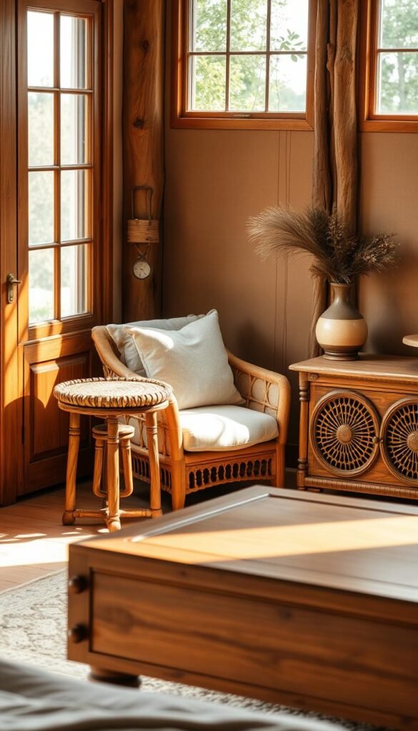Natural wood and rattan furniture in a cozy, earthy bedroom. A rustic side table with a handwoven rattan top sits beside a plush armchair upholstered in soft linen. In the middle ground, a low wooden dresser with intricate carved detailing. Warm, diffused lighting from a large window illuminates the scene, casting gentle shadows and highlighting the natural textures. The overall atmosphere is one of warmth, comfort, and a connection to the natural world.