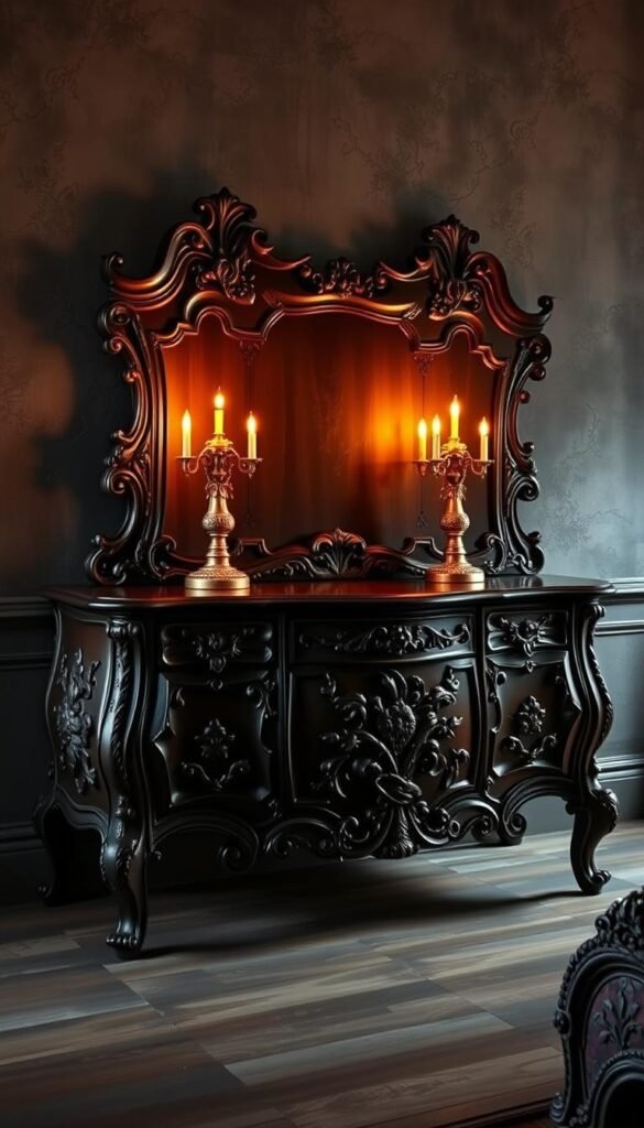 Ornate Victorian-inspired furniture with intricate carvings and dark, moody finishes. A large, ornamental antique dresser with cabriole legs and detailed floral designs, set against a backdrop of shadowy, textured walls. Warm, soft lighting from a pair of brass candelabras on the dresser's surface creates a cozy, atmospheric ambiance. The scene has a sense of gothic elegance and vintage charm, perfect for a modern Victorian-style bedroom.