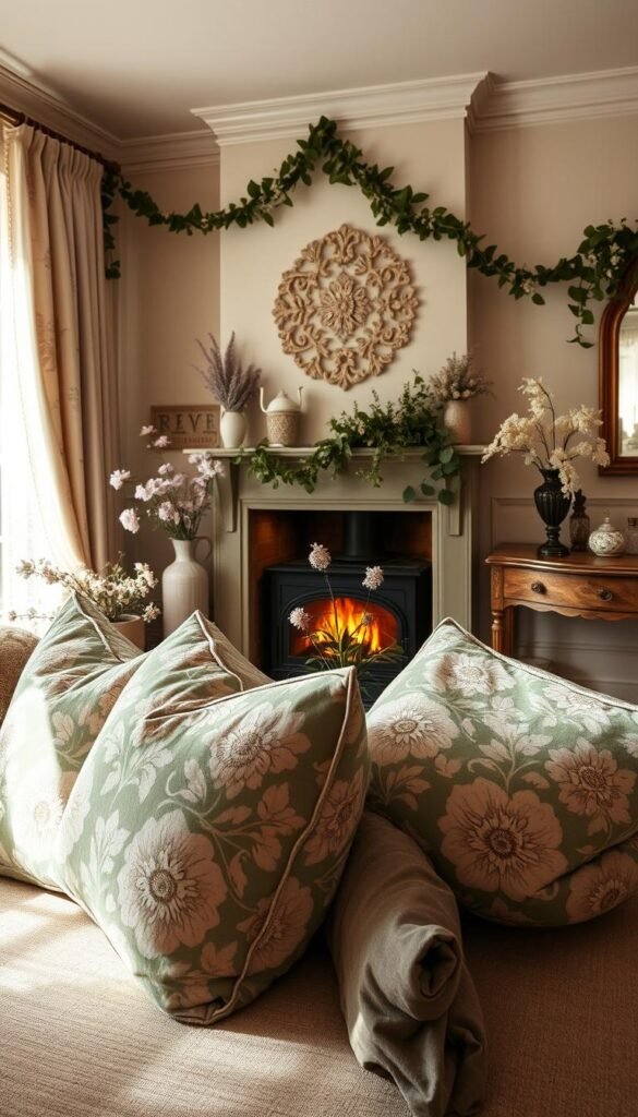 Ornate floral patterns cascading across plush velvet cushions, adorning a cozy cottage-style living room. Soft, warm lighting filters through sheer curtains, casting a golden glow over antique wooden furniture and a crackling fireplace. Delicate blooms in vases, leafy garlands, and intricate lace details create a serene, romantic ambiance. The camera angle offers a intimate, eye-level perspective, inviting the viewer into this charming, inviting space. Muted color palettes of sage, lavender, and soft pinks evoke a sense of timeless, vintage elegance. An idealized, dreamy interpretation of modern cottagecore decor, infused with a lush, floral aesthetic.