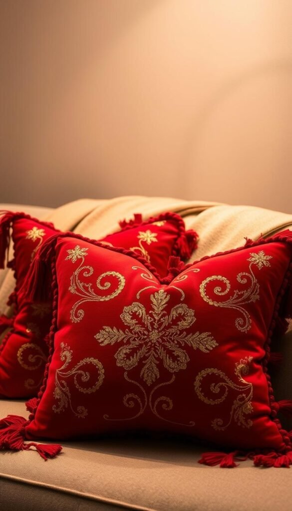 Plush red and gold holiday pillows arranged on a couch with a soft throw blanket draped over the back. The pillows have intricate metallic patterns, tasseled edges, and a luxurious sheen. Warm, diffused lighting casts a festive glow, creating an inviting and cozy atmosphere. In the background, a neutral-colored wall provides a clean, minimalist backdrop to showcase the richly-textured soft furnishings. The overall scene exudes a sense of relaxed sophistication, perfectly complementing the "festive glam" aesthetic.