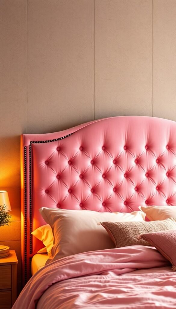 Prompt A beautifully designed pink upholstered headboard, taking center stage in a cozy, earthy-toned bedroom. The headboard features a tufted and padded surface, creating a luxurious and inviting focal point. Soft, warm lighting casts a gentle glow, illuminating the plush fabric and accentuating its subtle sheen. The headboard is positioned against a neutral, textured wall, allowing it to stand out as a striking design element. The overall atmosphere is one of relaxation and sophistication, perfectly capturing the essence of a stylish, pink-themed bedroom.