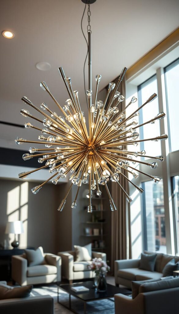 Prompt A bold, geometric sputnik-style chandelier with sleek, metallic arms radiating outwards. The chandelier is suspended in a luminous, high-ceilinged living room, casting dramatic shadows and refracting light through its crystalline prisms. The room is decorated in a modern, luxury aesthetic with muted tones, rich textures, and sumptuous furnishings. Dramatic lighting from the chandelier creates a warm, inviting ambiance, perfectly complementing the refined, sophisticated space. Prompt A bold, geometric sputnik-style chandelier with sleek, metallic arms radiating outwards. The chandelier is suspended in a luminous, high-ceilinged living room, casting dramatic shadows and refracting light through its crystalline prisms. The room is decorated in a modern, luxury aesthetic with muted tones, rich textures, and sumptuous furnishings. Dramatic lighting from the chandelier creates a warm, inviting ambiance, perfectly complementing the refined, sophisticated space.