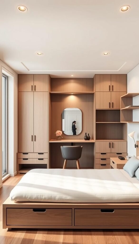 Prompt A bright, airy interior with multifunctional furniture pieces for a small modern bedroom. In the foreground, a platform bed with integrated drawers and shelves, providing ample storage. In the middle ground, a sleek desk-vanity combo with a swivel mirror, doubling as a work and grooming station. Flanking the bed, a pair of modular nightstands with hidden compartments. The background features minimalist wall shelves and a small, foldable table for dining or laptop use. Soft, warm lighting from recessed ceiling fixtures and task lamps creates a cozy, inviting atmosphere. Captured at a slightly elevated angle to showcase the space-saving design elements.