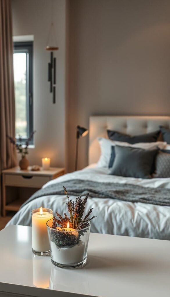 Prompt A cozy, modern bedroom with soft, inviting lighting. In the foreground, a bedside table holds a flickering candle, its warm glow casting a calming ambiance. Atop the table, a small bowl of dried lavender and eucalyptus releases soothing aromas. In the middle ground, a large, plush bed with crisp white linens, a fluffy duvet, and an array of pillows in shades of grey and blue. Gentle wind chimes hang in the window, their tranquil tones complementing the peaceful atmosphere. The background features a neutral-toned feature wall with subtle textures, creating a serene, restful environment. Prompt A cozy, modern bedroom with soft, inviting lighting. In the foreground, a bedside table holds a flickering candle, its warm glow casting a calming ambiance. Atop the table, a small bowl of dried lavender and eucalyptus releases soothing aromas. In the middle ground, a large, plush bed with crisp white linens, a fluffy duvet, and an array of pillows in shades of grey and blue. Gentle wind chimes hang in the window, their tranquil tones complementing the peaceful atmosphere. The background features a neutral-toned feature wall with subtle textures, creating a serene, restful environment.