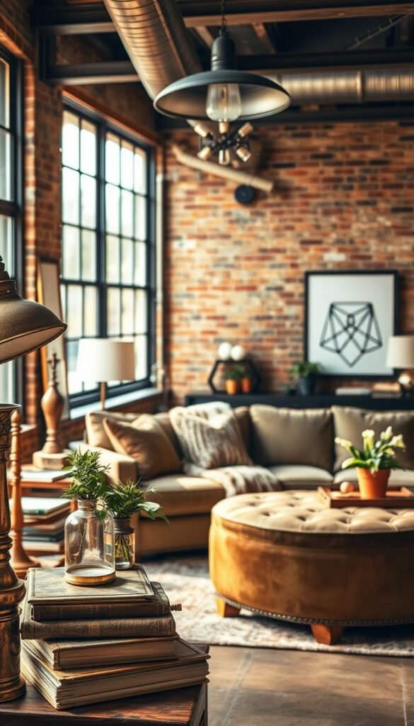 Prompt A cozy yet stylish industrial living room, bathed in warm, diffused lighting from large windows. In the foreground, an assortment of weathered metal and rustic wood accessories - vintage lamps, distressed leather-bound books, a brass-framed mirror, and a potted plant on a reclaimed wood side table. In the middle ground, a plush velvet sectional sofa in a muted olive tone, with a hand-woven wool throw blanket and tufted leather ottoman. Behind, brick walls and exposed ceiling beams create an authentic industrial ambiance, complemented by minimalist geometric artwork and an oversized industrial-style pendant light fixture.