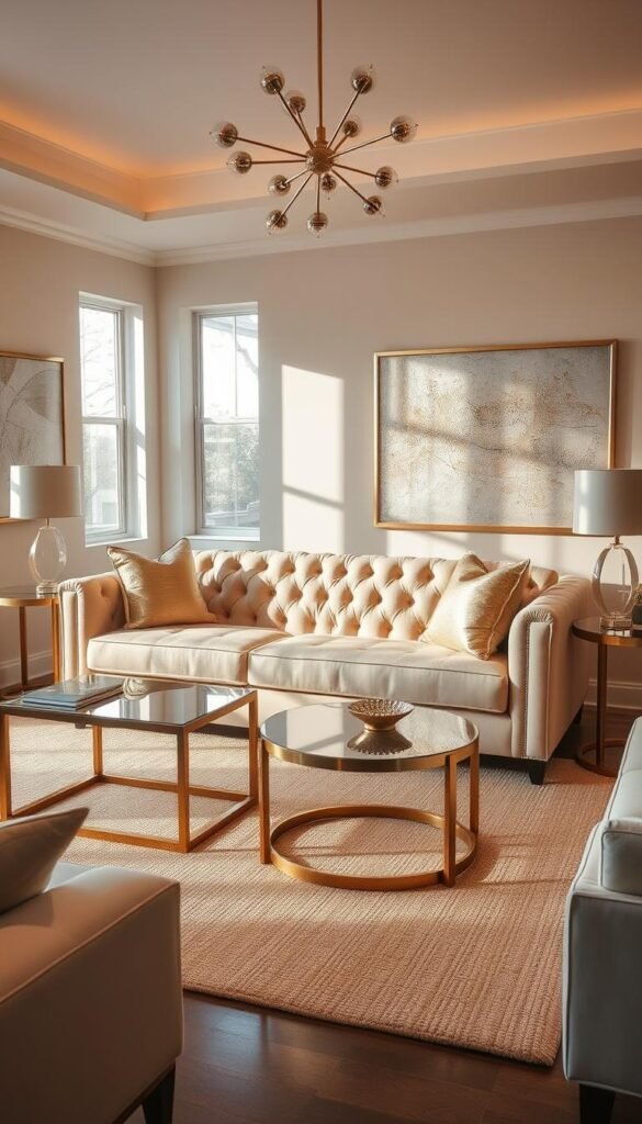 Prompt A glamorous beige living room bathed in warm, soft lighting. The centerpiece is a luxurious, tufted sofa in a rich, creamy hue, accented by plush, metallic-trimmed throw pillows. Sleek, gold-toned end tables and a matching coffee table bring a touch of modern elegance. The walls are adorned with abstract, metallic-framed artwork, casting a subtle shimmer. Subtly textured, beige area rug grounds the space, balancing the metallic accents. Large windows allow natural light to filter in, creating a serene, calming atmosphere. Overhead, a modern, geometric chandelier with metallic fixtures completes the sophisticated, yet inviting ambiance.