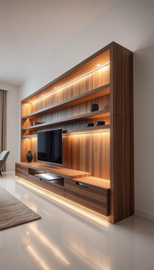 Prompt A modern and luxurious TV unit design, featuring a sleek and minimalist wooden structure, accented by a warm and ambient LED lighting system. The lighting is integrated seamlessly into the unit's shelves and edges, creating a subtle glow that illuminates the space. The lighting is adjustable, allowing for precise control over the brightness and color temperature to set the desired mood. The overall effect is one of elegance and sophistication, perfect for a high-end living room. The scene is captured in a clean, well-lit environment, showcasing the sophisticated interplay of wood, metal, and light. Prompt A modern and luxurious TV unit design, featuring a sleek and minimalist wooden structure, accented by a warm and ambient LED lighting system. The lighting is integrated seamlessly into the unit's shelves and edges, creating a subtle glow that illuminates the space. The lighting is adjustable, allowing for precise control over the brightness and color temperature to set the desired mood. The overall effect is one of elegance and sophistication, perfect for a high-end living room. The scene is captured in a clean, well-lit environment, showcasing the sophisticated interplay of wood, metal, and light.