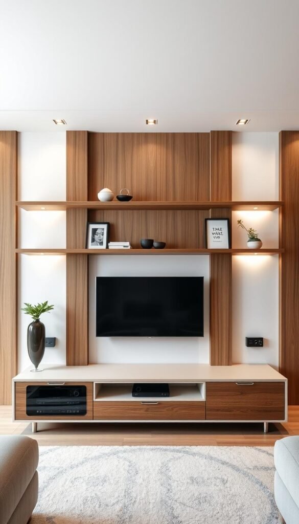 Prompt A modern, luxurious TV wall design showcasing a balanced, symmetrical layout. In the foreground, a sleek, minimalist TV unit with integrated shelving and storage. Surrounding it, a complementary media wall composed of natural wood panels, metal accents, and recessed lighting. In the middle ground, elegant floating shelves displaying curated decor and personal items. The background features a clean, white wall with subtle textural details, creating a sense of depth and sophistication. The overall design radiates a calming, refined atmosphere with a focus on function and visual harmony, perfect for an elegant living room. Prompt A modern, luxurious TV wall design showcasing a balanced, symmetrical layout. In the foreground, a sleek, minimalist TV unit with integrated shelving and storage. Surrounding it, a complementary media wall composed of natural wood panels, metal accents, and recessed lighting. In the middle ground, elegant floating shelves displaying curated decor and personal items. The background features a clean, white wall with subtle textural details, creating a sense of depth and sophistication. The overall design radiates a calming, refined atmosphere with a focus on function and visual harmony, perfect for an elegant living room.