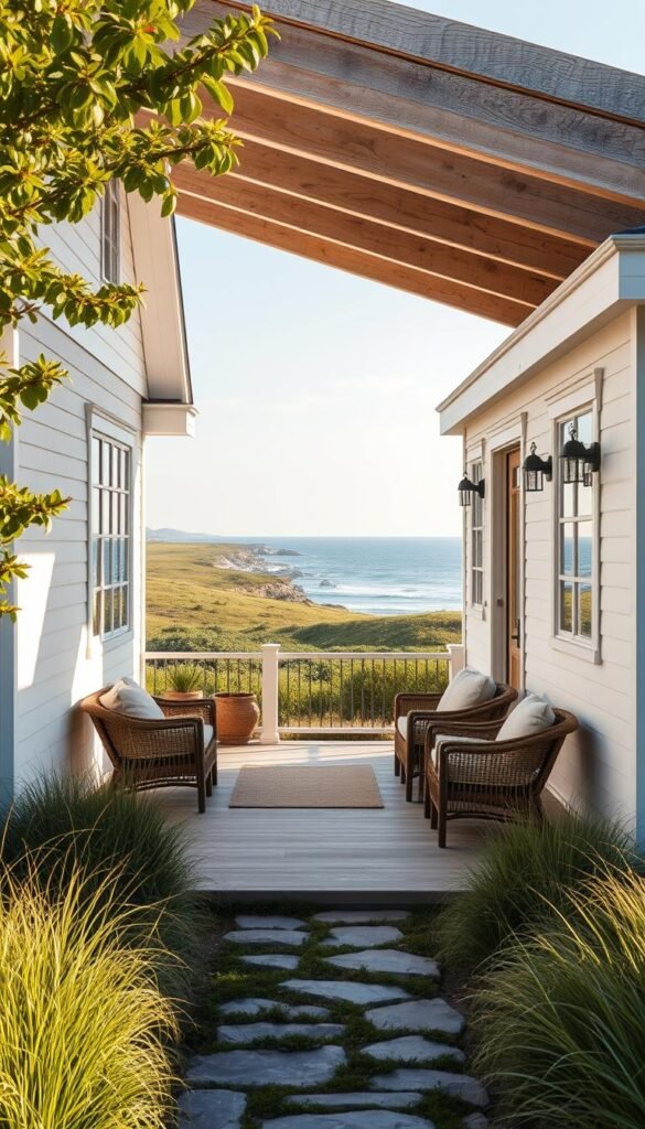 Prompt A serene coastal farmhouse nestled amidst lush greenery, bathed in warm, natural light. The home's exterior features clean white siding, weathered wood accents, and large windows that frame the picturesque ocean view. A tranquil porch offers a cozy seating area, with woven furniture and soft neutral cushions. The landscape is dotted with rolling hills, swaying grasses, and a nearby stone path leading to the shoreline. The overall atmosphere exudes a sense of calm, inviting relaxation and a connection to the natural world. Prompt A serene coastal farmhouse nestled amidst lush greenery, bathed in warm, natural light. The home's exterior features clean white siding, weathered wood accents, and large windows that frame the picturesque ocean view. A tranquil porch offers a cozy seating area, with woven furniture and soft neutral cushions. The landscape is dotted with rolling hills, swaying grasses, and a nearby stone path leading to the shoreline. The overall atmosphere exudes a sense of calm, inviting relaxation and a connection to the natural world.