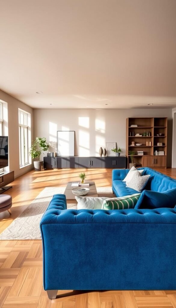 Prompt A spacious, inviting living room with a stunning statement blue sofa as the centerpiece. The sofa is positioned in the foreground, its rich blue hue and plush, tufted upholstery commanding attention. Warm, natural lighting streams through large windows, casting a soft glow and creating a cozy, welcoming atmosphere. In the middle ground, minimalist decor and accents in complementary shades of gray and white enhance the contemporary, sophisticated vibe. The background features clean-lined bookshelves, potted plants, and a neutral-toned area rug, completing the harmonious, modern aesthetic. The overall scene conveys a sense of relaxation and refined style, perfectly capturing the essence of "Anchor Your Space with a Statement Blue Sofa". Prompt A spacious, inviting living room with a stunning statement blue sofa as the centerpiece. The sofa is positioned in the foreground, its rich blue hue and plush, tufted upholstery commanding attention. Warm, natural lighting streams through large windows, casting a soft glow and creating a cozy, welcoming atmosphere. In the middle ground, minimalist decor and accents in complementary shades of gray and white enhance the contemporary, sophisticated vibe. The background features clean-lined bookshelves, potted plants, and a neutral-toned area rug, completing the harmonious, modern aesthetic. The overall scene conveys a sense of relaxation and refined style, perfectly capturing the essence of "Anchor Your Space with a Statement Blue Sofa".