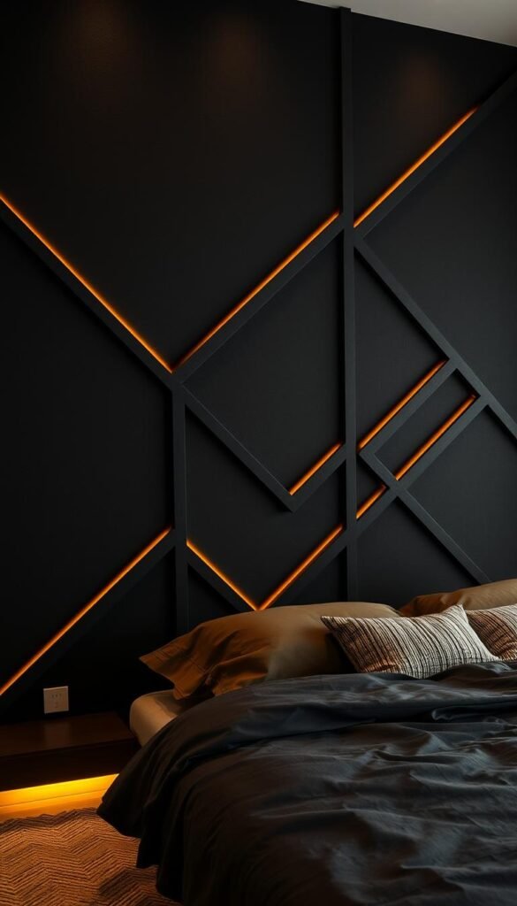 Prompt A striking black accent wall, meticulously designed with a bold, geometric pattern that commands attention. The wall is illuminated by warm, soft lighting, creating a cozy, intimate ambiance. The pattern features clean, crisp lines that intersect at precise angles, forming a captivating visual display. The wall serves as the focal point of the room, drawing the eye and setting the tone for the overall earthy, moody bedroom aesthetic. The lighting casts subtle shadows, adding depth and dimension to the design. The wall's surface has a matte, textured finish, lending a premium, high-quality feel. The image captures the wall in a wide, well-framed angle, allowing the viewer to fully appreciate the stunning design.