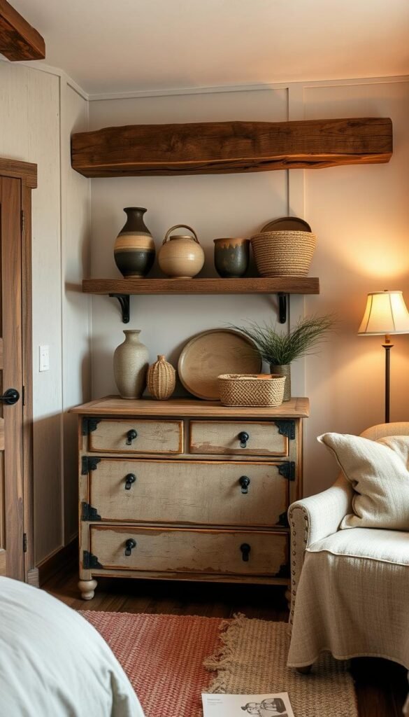 Rustic bedroom storage solutions with weathered wood textures, aged metal accents, and natural fibers. A cozy corner features a vintage chest of drawers, its drawers adorned with antique pulls. Overhead, a reclaimed wood beam supports floating shelves displaying artful ceramic vases and woven baskets. Soft ambient lighting casts a warm glow, enhancing the lived-in, comforting atmosphere. A plush area rug and linen-upholstered chair complete the inviting, character-rich scene. Wide-angle lens captures the dynamic interplay of rustic materials and practical storage in an intimate bedroom setting.
