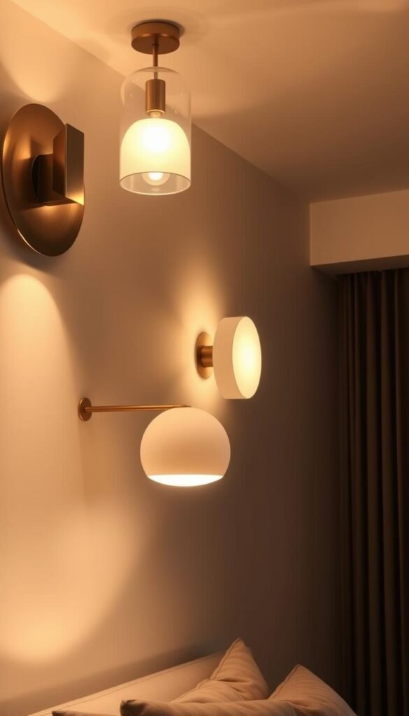 Sculptural lighting fixtures for a modern bedroom, with clean lines and geometric forms. The fixtures are positioned to provide a warm, ambient glow, casting soft shadows on the walls. The fixtures are made of materials like brushed metal, glass, or matte ceramic, complementing the minimalist, midcentury aesthetic of the room. The lighting is the focal point, drawing the eye upward and creating a sense of visual interest and depth. The overall mood is one of understated elegance and relaxation, perfect for a serene and stylish bedroom.