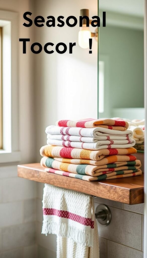 Seasonal towel decor ideas: A cozy, inviting bathroom setting with freshly laundered towels neatly folded and displayed on a rustic wooden shelf. The towels showcase vibrant, seasonal patterns like plaid, stripes, or florals in warm autumn tones. Soft, diffused lighting from a window or sconce casts a gentle glow, creating a serene, comfortable ambiance. In the background, a minimalist tile or stone wall complements the natural, earthy tones of the towels. The overall scene evokes a sense of coziness and thoughtful attention to seasonal details, inspiring viewers to update their own bathroom decor.