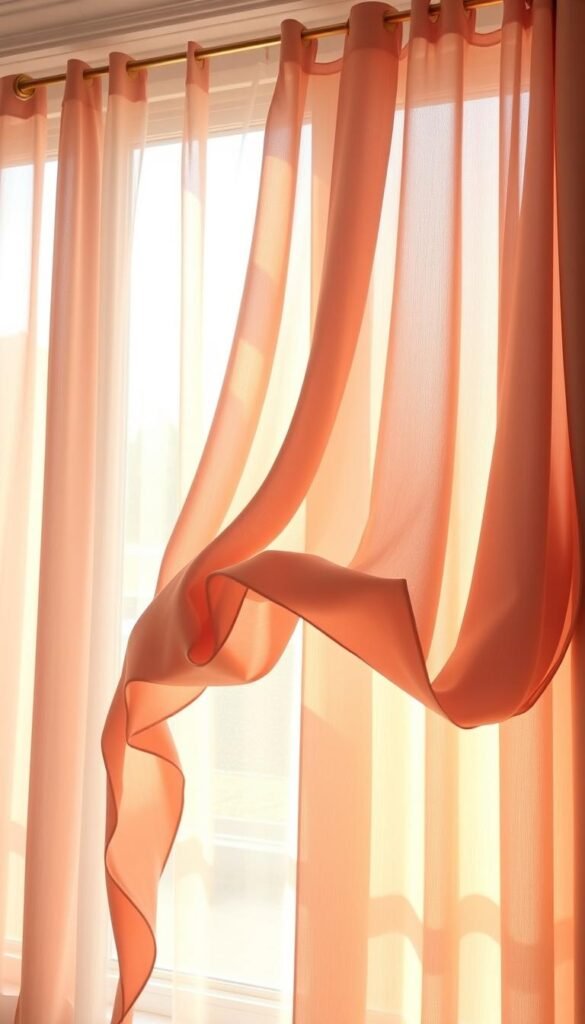 Soft, billowing curtains in a warm earthy pink hue, gently cascading across a large window frame. The fabric has a luxurious sheen, catching the gentle afternoon light and creating a serene, inviting ambiance. The curtains are hung with delicate brass hardware, subtly complementing the overall aesthetic. Sunlight filters through, casting a warm, diffused glow throughout the space. The curtains move with a subtle, graceful flow, adding a sense of movement and tranquility to the scene.