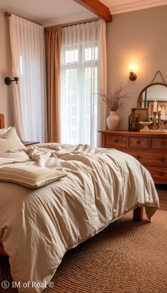Soft, inviting textile layers adorn a cozy bedroom. In the foreground, a plush, oversized comforter in a neutral tone cascades across a wooden bed frame. Layered on top, textured throw pillows in complementary hues add visual interest. In the middle ground, a woven area rug in earthy tones anchors the space, while sheer curtains filter natural light, casting a warm, diffused glow. In the background, a wooden dresser displays decorative vases and candlesticks, creating a sense of tranquility. Warm, ambient lighting from sconces and a table lamp imbues the scene with a welcoming, relaxing atmosphere.