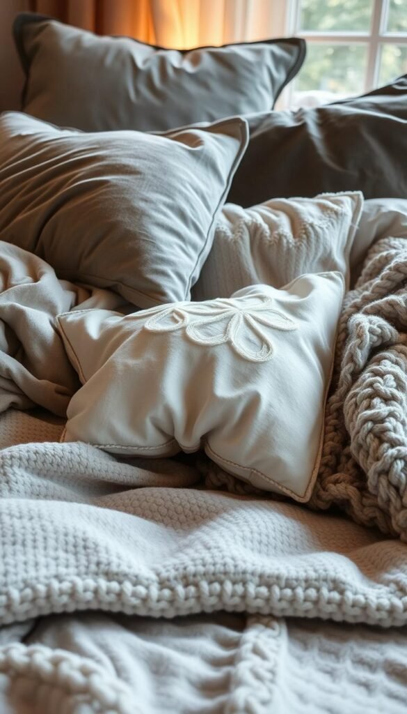 Soft, luxurious layers of tonal gray and neutral textured bedding, arranged in a cozy, inviting composition. Plush velvet, linen, and chunky knit throws and pillows create a visually and tactilely soothing aesthetic, illuminated by warm, diffused lighting from an unseen window. The camera captures the scene from a low angle, showcasing the depth and dimensionality of the carefully curated layers, evoking a sense of comfort and relaxation. An intimate, serene atmosphere that appeals to the senses and invites the viewer to sink into the tranquil scene.