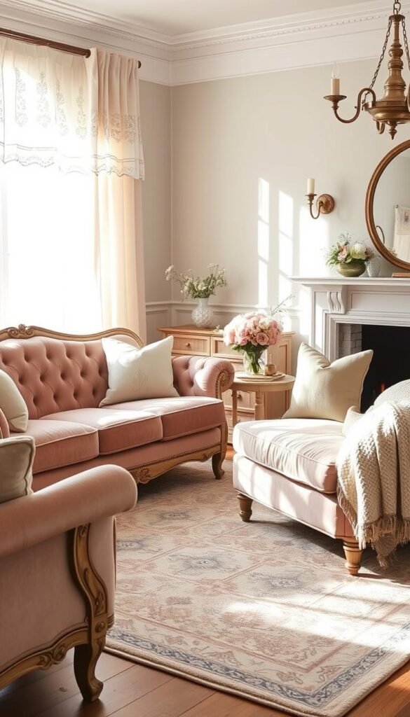 Soft, muted hues of dusty rose, sage green, and warm beige fill a cozy French country living room. Sunlight filters through lace-trimmed curtains, casting a gentle glow on weathered wood furniture and plush, overstuffed upholstery. A tufted velvet sofa and armchair sit atop a patterned area rug, complemented by delicate floral accents and burnished brass fixtures. Textured throw pillows and a knit blanket add to the inviting, serene ambiance, creating a space that exudes refined sophistication and relaxed comfort.