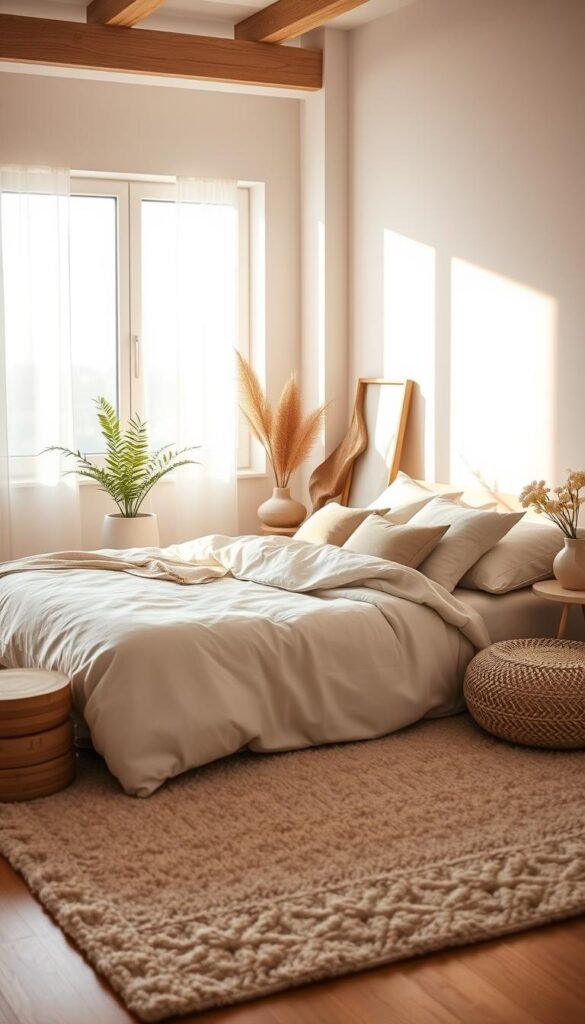 Soft, muted tones of beige, ivory, and gray cascade across a serene bedroom scene. Natural textures of linen, cotton, and woven fibers create a calming, organic ambiance. Warm, diffused lighting from a large window bathes the space in a gentle glow, accentuating the subtle hues and minimalist decor. Sculptural wooden accents and potted plants add depth and warmth, while a plush, neutral-toned rug grounds the composition. The overall atmosphere is one of tranquility and effortless elegance, setting the stage for a peaceful, restorative slumber.