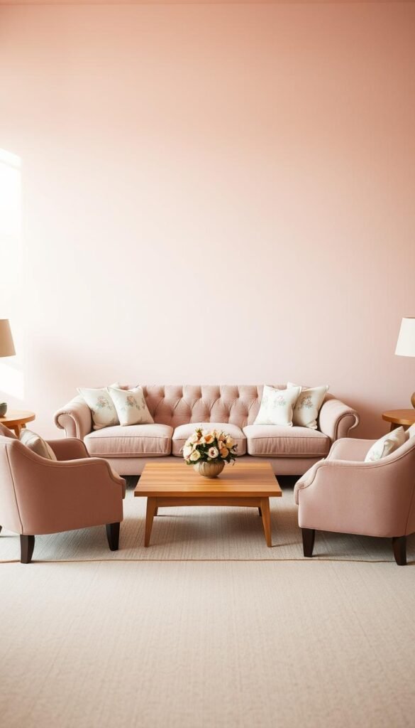 Soft, pastel-hued furniture set against a subtly textured, light-filled backdrop. In the foreground, a plush, tufted sofa in a muted rose tone, accented with delicate floral throw pillows. Flanking it, a pair of matching armchairs, their curved silhouettes mirroring the gentle curves of the sofa. Centered in the middle ground, a low, rectangular coffee table in a warm, pale wood, its surface adorned with a vase of fresh blooms. In the background, a wall of shiplap paneling, painted in a soft, powdery pink, creates a serene, inviting atmosphere. Diffused natural light filters in through large windows, casting a warm glow over the scene. The overall impression is one of understated elegance and a harmonious, soothing color palette.