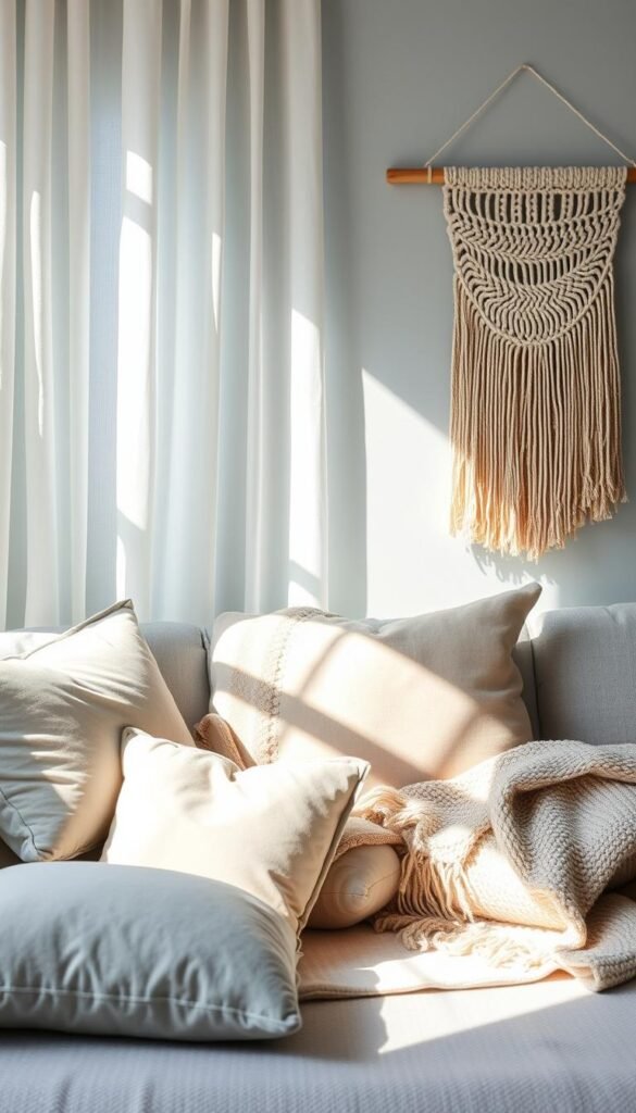Soft, textural textile decor accents layered across a light blue living room scene. Plush velvet and linen pillows, a hand-woven throw blanket, and a macrame wall hanging casting gentle shadows. Warm natural lighting filters through airy sheer curtains, illuminating the artful arrangement. Harmonious hues and organic shapes create a serene, summery atmosphere to elevate the space. A thoughtfully curated collection of premium quality home accents that blend form and function seamlessly.