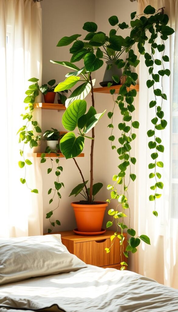 Sunlit bedroom with lush, verdant indoor plants cascading from wall shelves and a wooden nightstand. Soft, diffused natural light filters through sheer curtains, creating a calming, earthy ambiance. A potted fiddle-leaf fig tree stands tall in the corner, its glossy leaves framing the scene. Trailing vines of pothos and monstera plants drape gracefully, adding pops of vibrant green. The overall composition evokes a serene, nature-inspired retreat, seamlessly blending the outdoors and indoors. Sunlit bedroom with lush, verdant indoor plants cascading from wall shelves and a wooden nightstand. Soft, diffused natural light filters through sheer curtains, creating a calming, earthy ambiance. A potted fiddle-leaf fig tree stands tall in the corner, its glossy leaves framing the scene. Trailing vines of pothos and monstera plants drape gracefully, adding pops of vibrant green. The overall composition evokes a serene, nature-inspired retreat, seamlessly blending the outdoors and indoors.