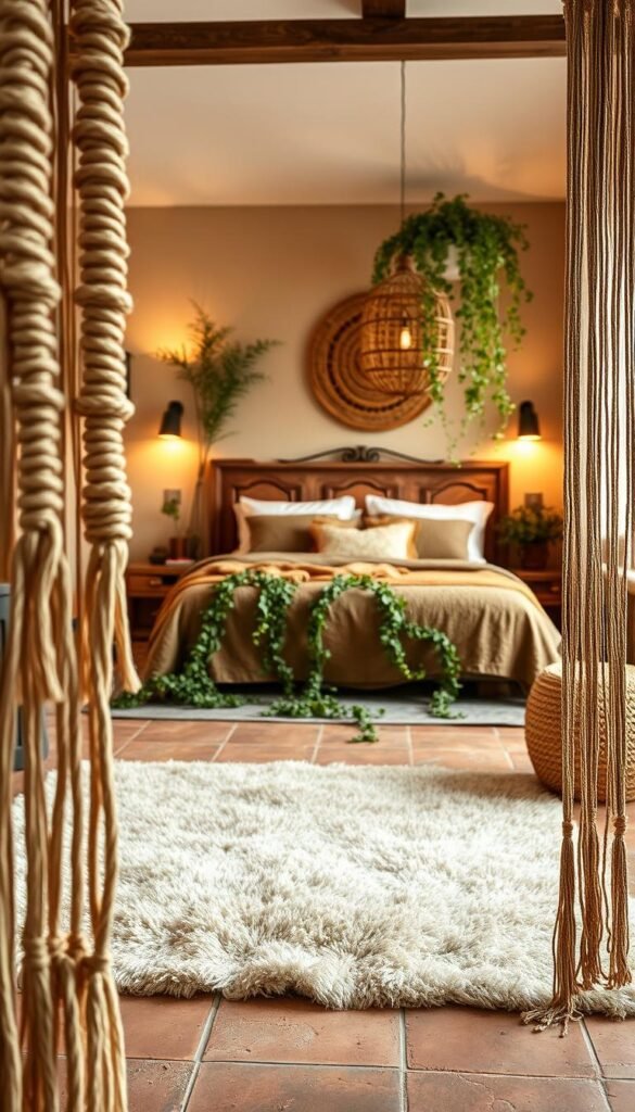Textured interior design elements: a warm and inviting earthy bedroom scene. In the foreground, tactile woven wall hangings and macrame accents create visual depth and cozy comfort. The middle ground features a natural stone or terracotta tile floor, with a large, plush area rug in earthy tones. Trailing plants and a rustic wooden headboard add organic texture to the background. Soft, diffused lighting from sconces and a pendant lamp creates a serene, atmospheric ambiance. The overall scene evokes a sense of rustic elegance and natural harmony. Textured interior design elements: a warm and inviting earthy bedroom scene. In the foreground, tactile woven wall hangings and macrame accents create visual depth and cozy comfort. The middle ground features a natural stone or terracotta tile floor, with a large, plush area rug in earthy tones. Trailing plants and a rustic wooden headboard add organic texture to the background. Soft, diffused lighting from sconces and a pendant lamp creates a serene, atmospheric ambiance. The overall scene evokes a sense of rustic elegance and natural harmony.