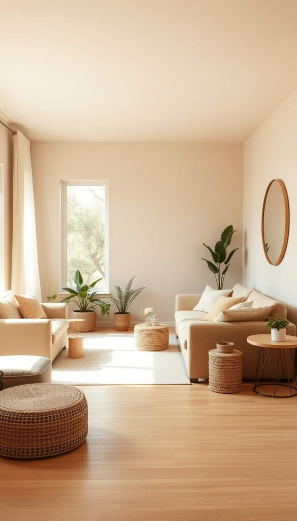 Tonal beige living room with warm, natural lighting. Plush velvet sofa and armchair in soft beige hues, complemented by woven textures in the ottomans and side tables. Minimalist decor with a few potted plants and a circular mirror on the wall, creating a calming, harmonious atmosphere. Wooden flooring in a light honey tone, leading to a large window that floods the space with soft, diffused daylight. Overall, a serene, inviting ambiance that embodies the essence of a light, airy beige-themed living room.