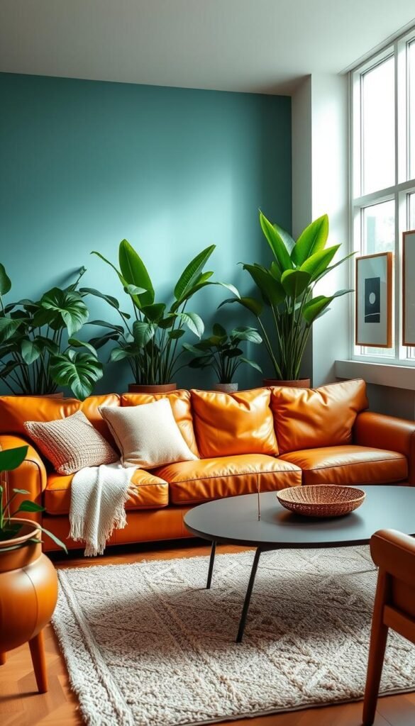 Vibrant color palette with a tan leather sofa as the focal point. Lush green houseplants and terracotta accents create a warm, earthy ambiance. Soft natural lighting filters through large windows, casting a cozy glow. Textured throw pillows and a plush area rug complement the rich leather tones. A minimalist coffee table and simple wall art complete the balanced, inviting composition. The scene evokes a serene, comfortable living space perfect for relaxation.