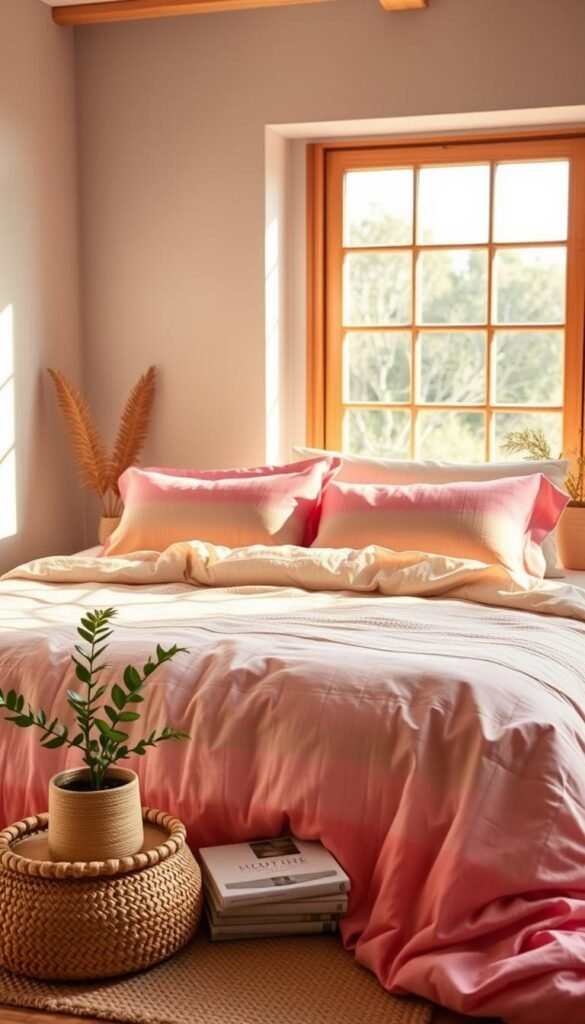 Vibrant dip-dyed bedding in soft pastels, the textured surface catching the warm, diffused lighting from a large window. The focal point is a neatly made bed, the duvet cover and pillowcases showcasing the gradual color fade, creating a soothing, natural ombre effect. In the foreground, artfully arranged decorative elements like a potted plant, a handwoven basket, and a few scattered books hint at a cozy, minimalist bedroom aesthetic. The overall mood is one of tranquility and elevated comfort, the image capturing the essence of a weekend retreat.