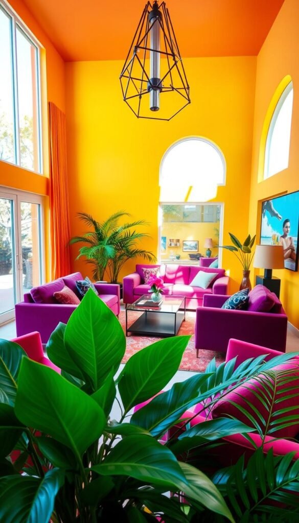 Vibrant living room with energetic color palette. Walls painted in a lively mix of citrus orange, sunshine yellow, and turquoise blue creating a playful, joyful atmosphere. Plush velvet sofa in deep magenta pink and matching armchairs scattered around a sleek glass coffee table. Lush houseplants in the foreground and large windows flooding the space with warm, natural light. Minimal, modern decor with a few pops of color in the accessories. Overhead, a dramatic chandelier with geometric metal frames casts a soft, ambient glow. Captured with a wide-angle lens to showcase the full dynamic energy of the room.
