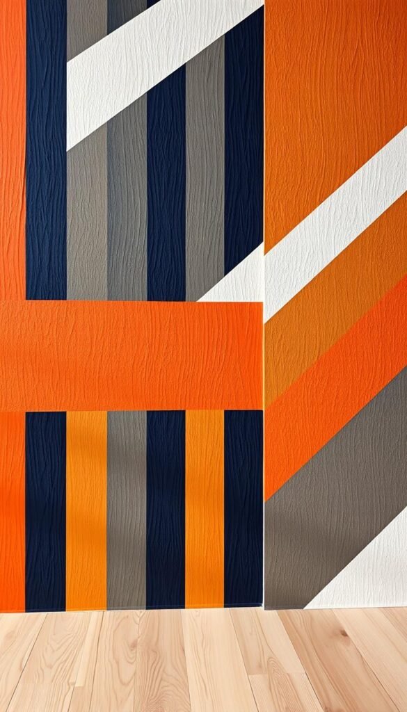 Vibrant striped walls in a bold, modern design. Thick, graphic bands of color in a variety of hues - deep navy, rich ochre, cool gray, bright white - arranged in a playful, asymmetric pattern across the wall. Warm, directional lighting highlights the textural depth and dimensional feel of the striped design, casting dramatic shadows that add visual interest. The overall aesthetic is bold, energetic, and visually striking, creating a striking focal point in the room.