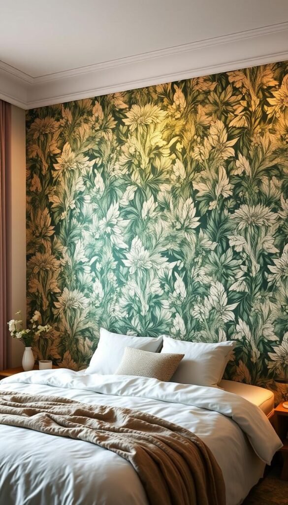 Wallpaper feature wall design, a stunning focal point in a cozy bedroom. A lush, botanical wallpaper in soothing hues of green and soft neutrals covers the wall, creating a serene, nature-inspired ambiance. The pattern is intricate yet elegant, adding depth and visual interest to the space. Soft, diffused lighting casts a warm glow, highlighting the textural details of the wallpaper. The wall is the hero, commanding attention and elevating the overall aesthetic. This wallpaper feature wall design effortlessly transforms the bedroom, instantly upgrading the style and creating a tranquil retreat.