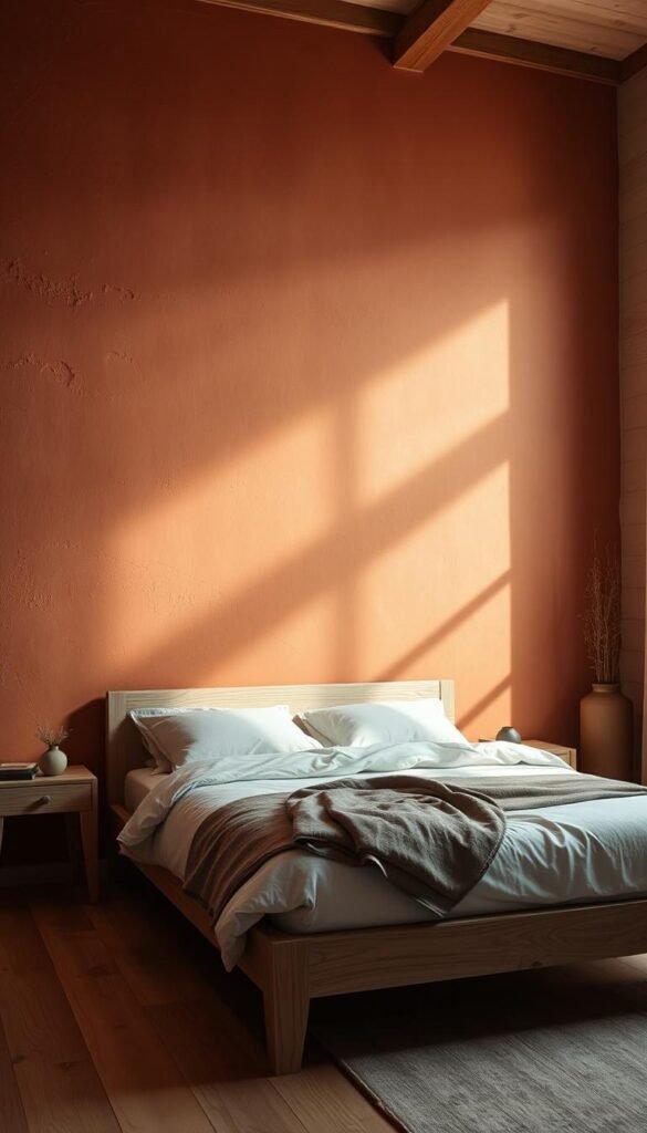 Warm and earthy bedroom with a stunning accent wall. Natural light filters in, casting a soft glow on the textured, terracotta-hued feature wall. Wooden bed frame and minimal decor create a cozy, minimalist atmosphere. Wooden floors and neutral linens add to the serene, organic ambiance. Tight shot focusing on the intricate wall texture and architectural details, with a slightly wider angle to showcase the overall bedroom setting. Muted, earthy tones throughout, conveying a sense of relaxation and comfort.