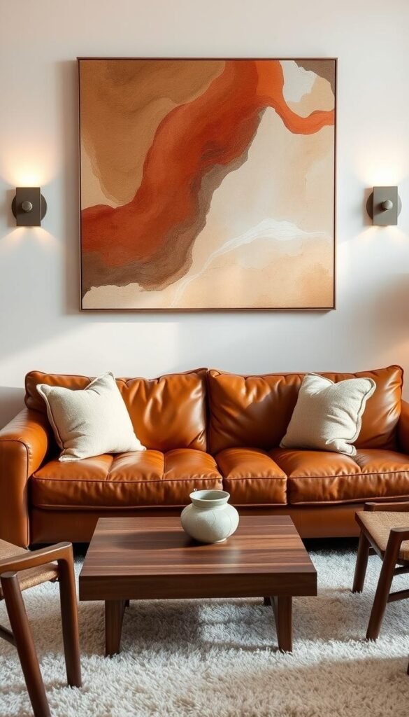 Warm-toned abstract wall art, with fluid brushstrokes and muted earth tones, elegantly complementing the rich, caramel-hued leather sofa in a cozy, contemporary living room. Soft, diffused lighting from sleek sconces casts a gentle glow, creating an inviting ambiance. The artwork's organic shapes and textures seamlessly blend with the supple leather, forming a harmonious visual balance. Wooden accents, such as a coffee table and end tables, add depth and natural warmth to the space, while plush, textured throw pillows and a fluffy rug complete the sophisticated, yet comfortable aesthetic.