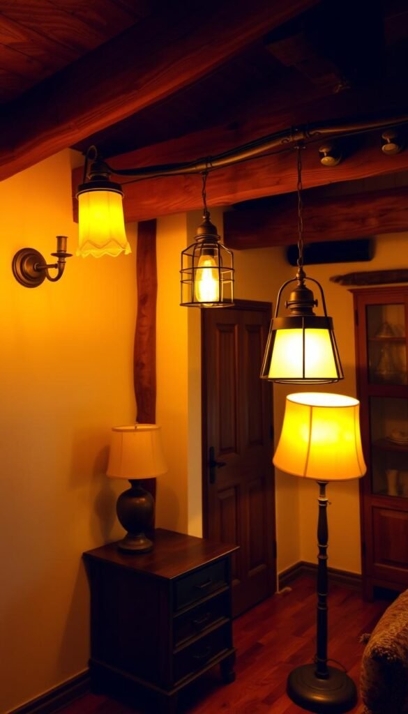 Warm western lighting fixtures, illuminating a cozy bedroom. Antique brass sconces casting a soft, amber glow along the rustic wooden beams. Pendant lights with wrought-iron frames and frosted glass shades hanging above a wooden bedside table. A vintage floor lamp with a linen shade stands in the corner, its warm light reflecting off the polished hardwood floors. The overall scene exudes a sense of timeless comfort and relaxation, blending old-world charm with modern sensibilities. Warm western lighting fixtures, illuminating a cozy bedroom. Antique brass sconces casting a soft, amber glow along the rustic wooden beams. Pendant lights with wrought-iron frames and frosted glass shades hanging above a wooden bedside table. A vintage floor lamp with a linen shade stands in the corner, its warm light reflecting off the polished hardwood floors. The overall scene exudes a sense of timeless comfort and relaxation, blending old-world charm with modern sensibilities.