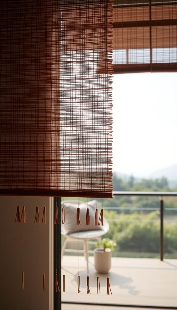 Woven bamboo blinds, their natural texture and earthy tones creating a serene, laid-back ambiance. The delicate strands intricately woven, casting gentle shadows that dance across the window frame. Soft, diffused natural light filters through, illuminating the organic materiality. In the foreground, the bamboo blinds hang effortlessly, their minimalist design complementing the elegant simplicity of the modern living space. The background showcases a serene outdoor landscape, blending seamlessly with the tranquil indoor setting. This harmonious fusion of natural and contemporary elements evokes a sense of refined, understated luxury. Woven bamboo blinds, their natural texture and earthy tones creating a serene, laid-back ambiance. The delicate strands intricately woven, casting gentle shadows that dance across the window frame. Soft, diffused natural light filters through, illuminating the organic materiality. In the foreground, the bamboo blinds hang effortlessly, their minimalist design complementing the elegant simplicity of the modern living space. The background showcases a serene outdoor landscape, blending seamlessly with the tranquil indoor setting. This harmonious fusion of natural and contemporary elements evokes a sense of refined, understated luxury.