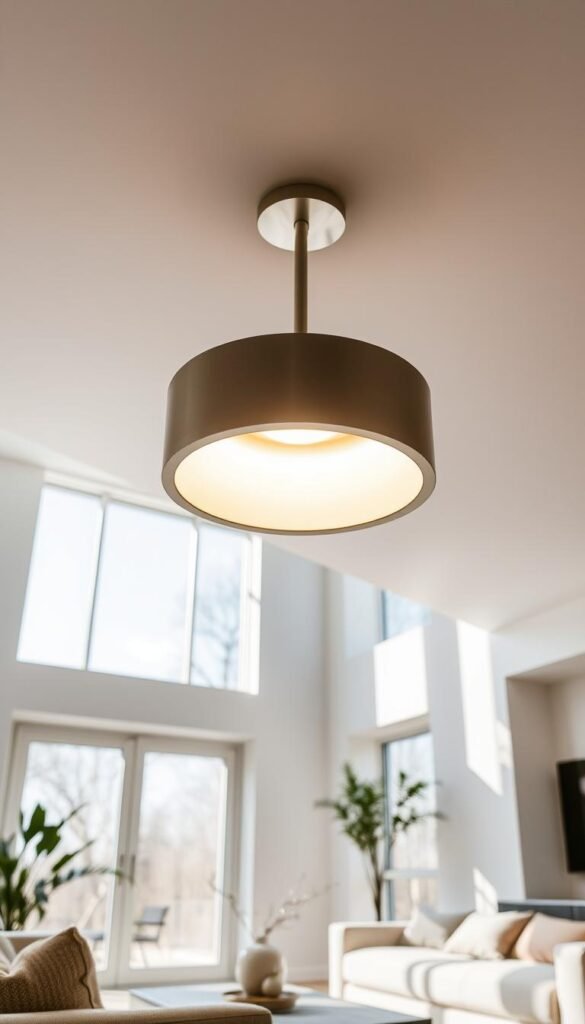 a beautifully lit, modern living room with a well-positioned ceiling light fixture that provides ample illumination and a warm, inviting ambiance. the light is a sleek, minimalist design with a circular shape and a soft, diffused glow emanating from its brushed metal housing. the light is centered in the room, hanging at a height that creates a balanced and harmonious visual composition. the lighting casts a gentle, even glow across the space, highlighting the clean lines and neutral color palette of the decor. the room is filled with natural light from large windows, creating a bright and airy atmosphere that complements the carefully curated ceiling light.
