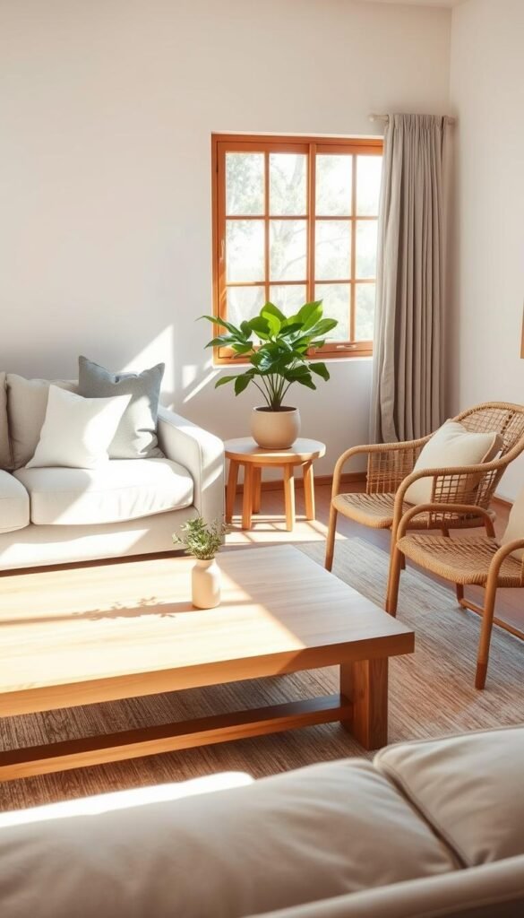 a cozy japandi living room with a selection of timeless furniture pieces - a minimalist oak wood coffee table with clean lines, a plush linen sofa in a neutral tone, a woven rattan armchair, and a wooden side table with a potted plant. the room is filled with natural light from a large window, casting a warm glow on the natural textures and muted colors. the space has a tranquil, balanced atmosphere, reflecting the japandi design philosophy of simplicity, functionality, and harmony with nature.