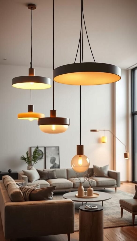 a highly detailed, photorealistic image of several mid-century modern lighting fixtures, showcased in a well-lit, minimalist living room setting. the fixtures are prominently featured, with clean lines, organic shapes, and a mix of warm and cool tones that create a harmonious, elegant atmosphere. the fixtures are arranged in a visually appealing manner, complementing the understated, sophisticated decor of the room. the lighting is soft and diffused, casting a warm glow that enhances the overall ambiance. the camera angle is slightly elevated, providing a balanced, comprehensive view of the space. the image conveys a sense of timeless style and modern sophistication, perfectly capturing the essence of mid-century modern design.