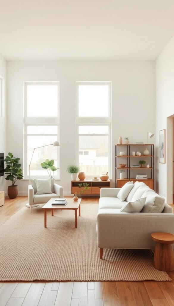 a minimalist scandinavian-style living room with clean lines, neutral color palette, and natural materials. the room is flooded with soft, diffused natural lighting from large windows, casting a warm, inviting glow. in the foreground, a low-profile sofa and matching armchair with simple, elegant forms sit atop a woven area rug. the middle ground features a wooden coffee table and shelving unit displaying carefully curated decor elements like potted plants, ceramics, and books. the background showcases white walls, wooden floors, and a hint of an oversized window overlooking a tranquil outdoor scene. the overall atmosphere conveys a sense of understated sophistication, serenity, and thoughtful design.