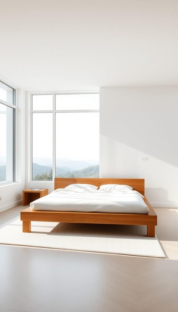 a modern, white bedroom with a sleek, minimalist bed frame in the center of the frame. The bed frame is made of solid wood with a matte finish, creating a clean and sophisticated look. The room is bathed in natural light, with large windows overlooking a serene outdoor landscape. The bed is made with crisp, white linens, and the overall atmosphere is one of calm and relaxation. The camera is positioned at an angle to capture the bed frame's elegant lines and the room's tranquil ambiance. Soft, diffused lighting creates a warm, inviting glow throughout the space. a modern, white bedroom with a sleek, minimalist bed frame in the center of the frame. The bed frame is made of solid wood with a matte finish, creating a clean and sophisticated look. The room is bathed in natural light, with large windows overlooking a serene outdoor landscape. The bed is made with crisp, white linens, and the overall atmosphere is one of calm and relaxation. The camera is positioned at an angle to capture the bed frame's elegant lines and the room's tranquil ambiance. Soft, diffused lighting creates a warm, inviting glow throughout the space.