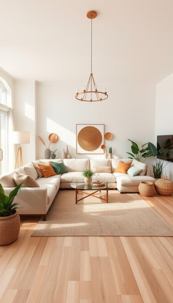 a neutral color palette for a modern, organic living room with natural textures and warm lighting. a spacious, airy room with light hardwood floors and cream-colored walls. a large, comfortable sectional sofa in a soft beige tone, accented with pillows in earthy greens and natural woven textures. a geometric coffee table with a glass top and wooden legs. a large area rug in a neutral palette of tans and grays anchors the space. soft, diffused lighting from floor lamps and a central chandelier casts a cozy glow. potted plants and natural fiber decor elements add pops of greenery and warmth. the overall aesthetic is calming, inviting and in harmony with the natural world.