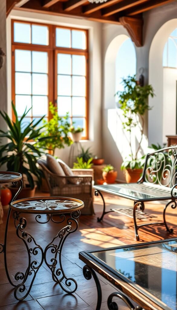 a room with warm mediterranean colors, softly lit by natural light filtering through large windows. in the foreground, a collection of elegant wrought iron furniture pieces, including a delicate side table with intricate scroll work, a sturdy bench with decorative metal accents, and a low coffee table with a glass top. the pieces have a vintage, weathered appearance, hinting at their history and character. the middle ground features lush potted plants and a cozy seating area, while the background showcases whitewashed walls, wooden beams, and a glimpse of the azure sky beyond. the overall atmosphere is one of rustic charm and timeless mediterranean style.