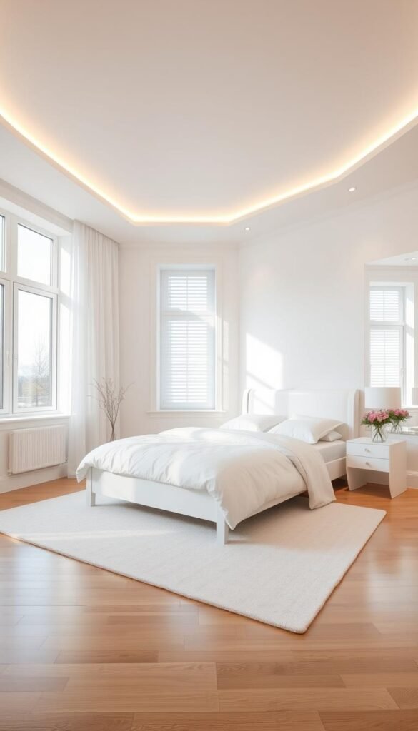 a well-lit modern white bedroom with clean minimalist design, large windows allowing abundant natural light, soft indirect LED lighting fixtures along the ceiling and walls creating a warm ambient glow, a sleek white wooden bed frame with a plush white comforter, a small side table with a simple white lamp, hardwood floors with a white area rug, and a large wall mirror reflecting the lighting design, creating a sense of depth and openness a well-lit modern white bedroom with clean minimalist design, large windows allowing abundant natural light, soft indirect LED lighting fixtures along the ceiling and walls creating a warm ambient glow, a sleek white wooden bed frame with a plush white comforter, a small side table with a simple white lamp, hardwood floors with a white area rug, and a large wall mirror reflecting the lighting design, creating a sense of depth and openness
