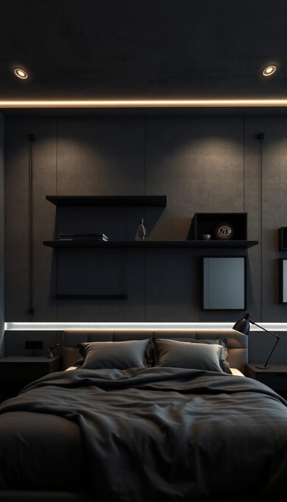 dark modern bedroom wall treatments, high-contrast minimalist design, textured concrete or plaster walls in charcoal, slate, or graphite tones, strategically placed LED strip lighting casting dramatic shadows, sleek floating wood or metal shelves with angular geometric accents, minimalist wall art or mirrors in matte black frames, moody lighting from recessed ceiling fixtures and table lamps with warm amber bulbs, overall sense of urban industrial elegance and sophistication, high-quality photographic representation with a wide-angle lens capturing the full scene dark modern bedroom wall treatments, high-contrast minimalist design, textured concrete or plaster walls in charcoal, slate, or graphite tones, strategically placed LED strip lighting casting dramatic shadows, sleek floating wood or metal shelves with angular geometric accents, minimalist wall art or mirrors in matte black frames, moody lighting from recessed ceiling fixtures and table lamps with warm amber bulbs, overall sense of urban industrial elegance and sophistication, high-quality photographic representation with a wide-angle lens capturing the full scene